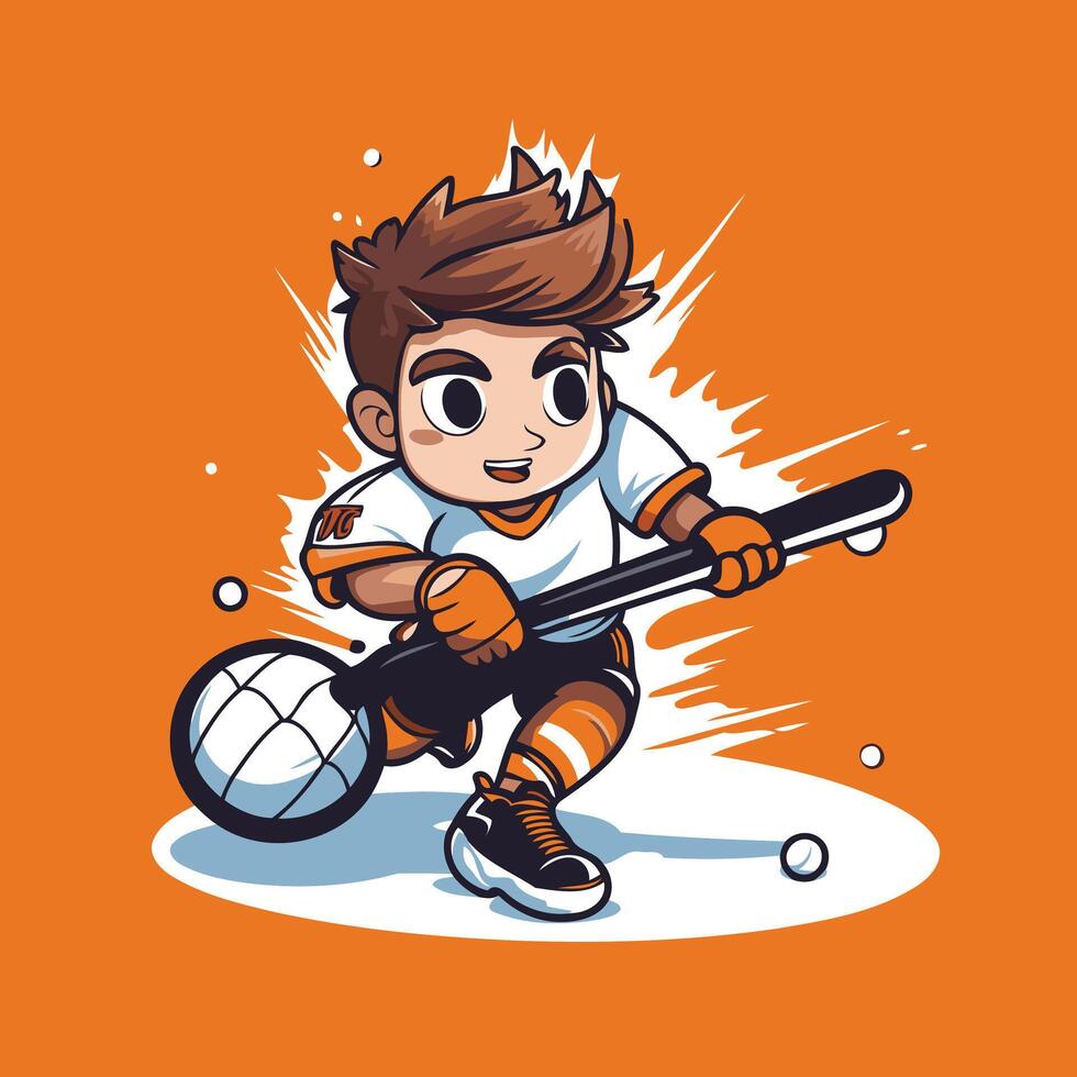 Illustration of a boy playing hockey on an orange background element illustration vector