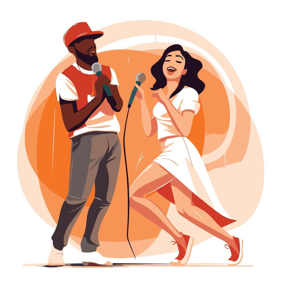 Couple singing karaoke together element illustration in cartoon style vector