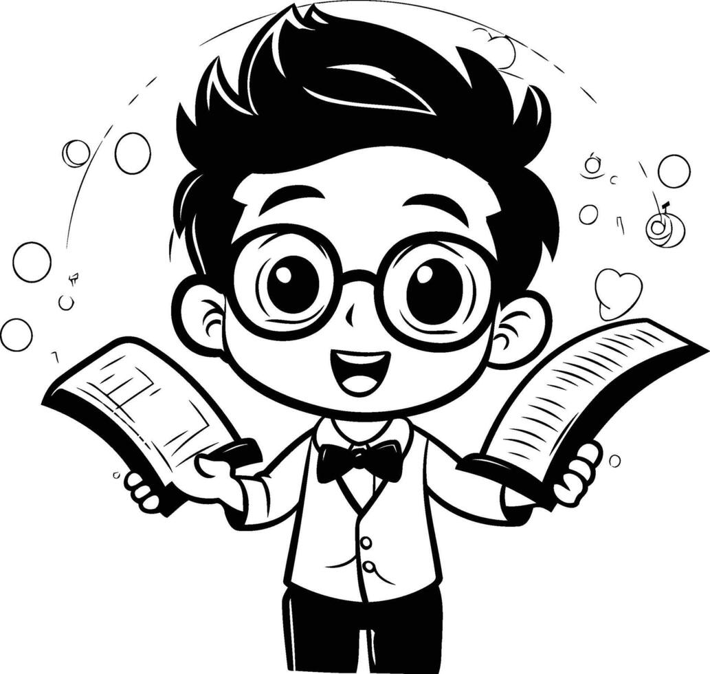 Cute boy with glasses reading a book black and white element illustration vector