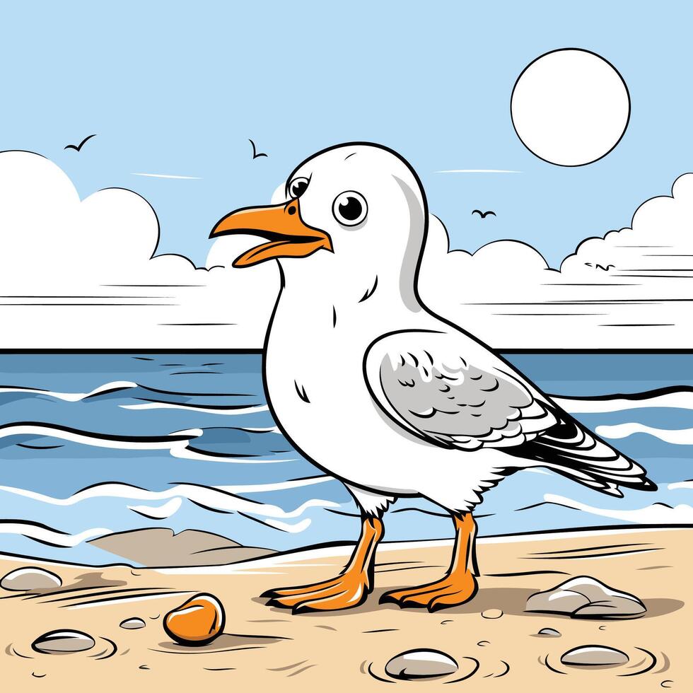 Seagull on the beach element illustration in cartoon style vector