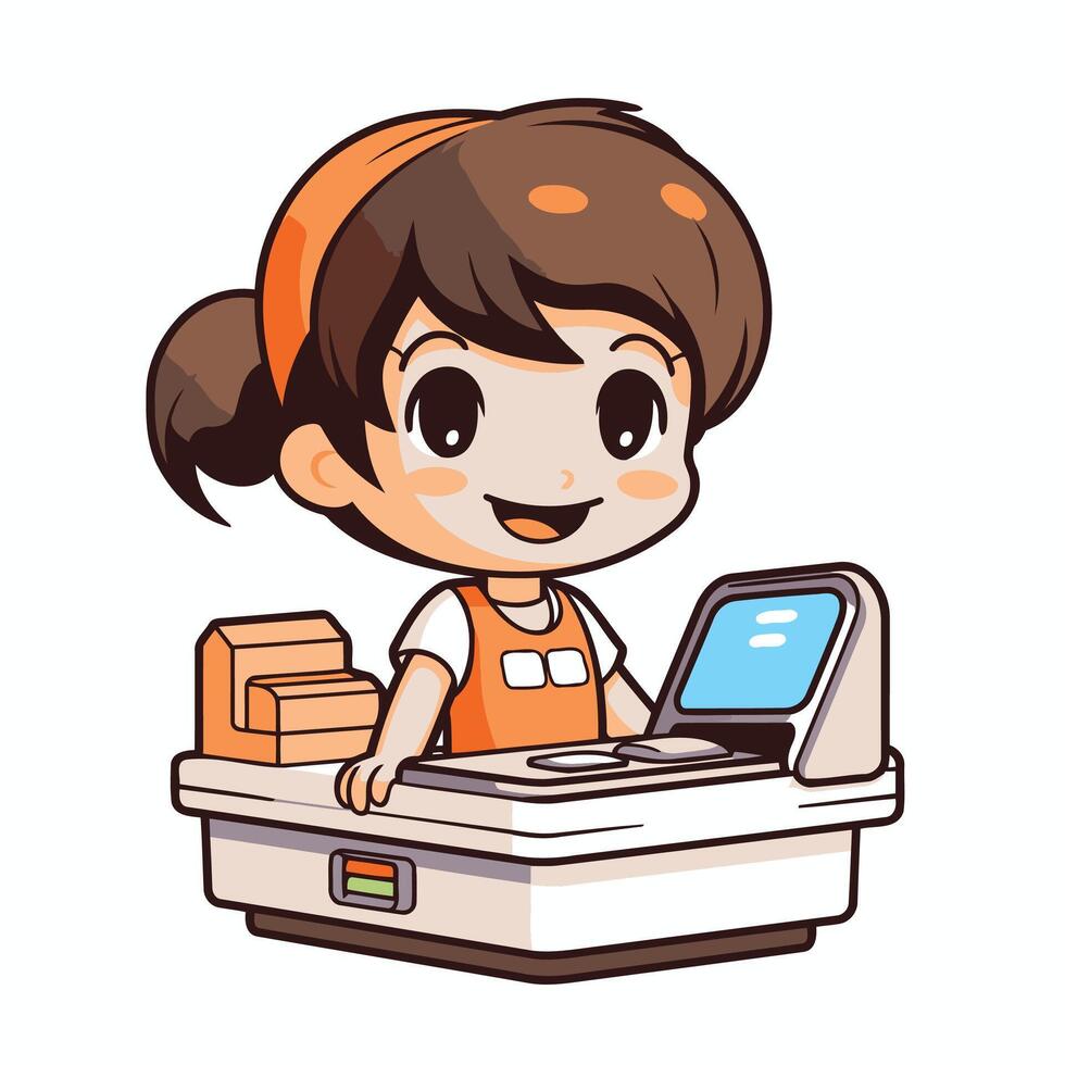Cute little girl working at the cash register element illustration vector