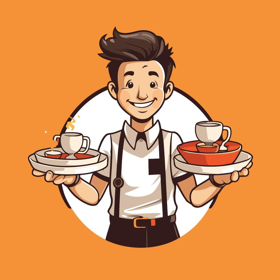 Illustration of a waiter holding a tray of coffee cups and plates vector