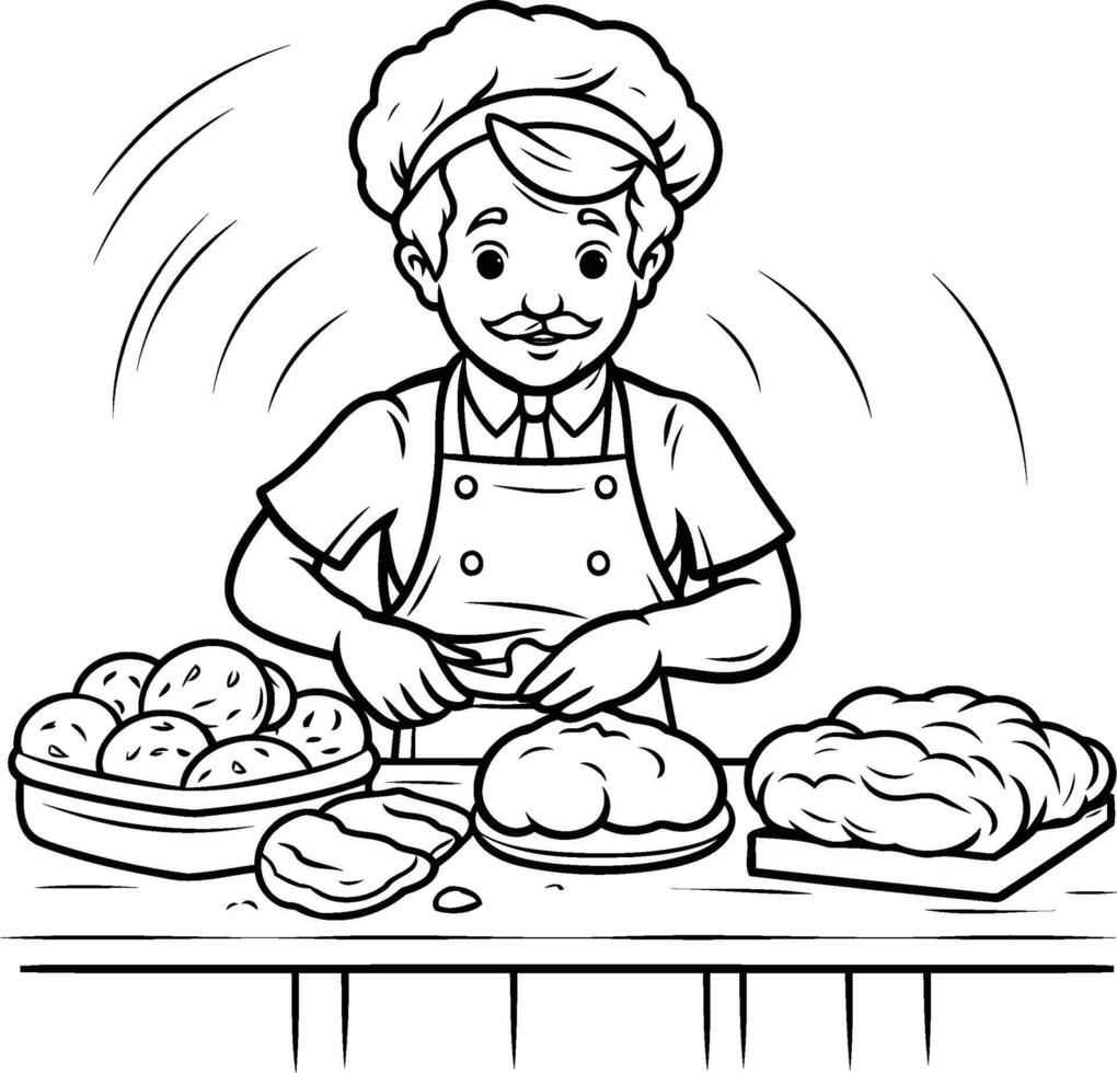 Black and White Cartoon Illustration of Bakery Chef with Baking Bread for Coloring Book vector