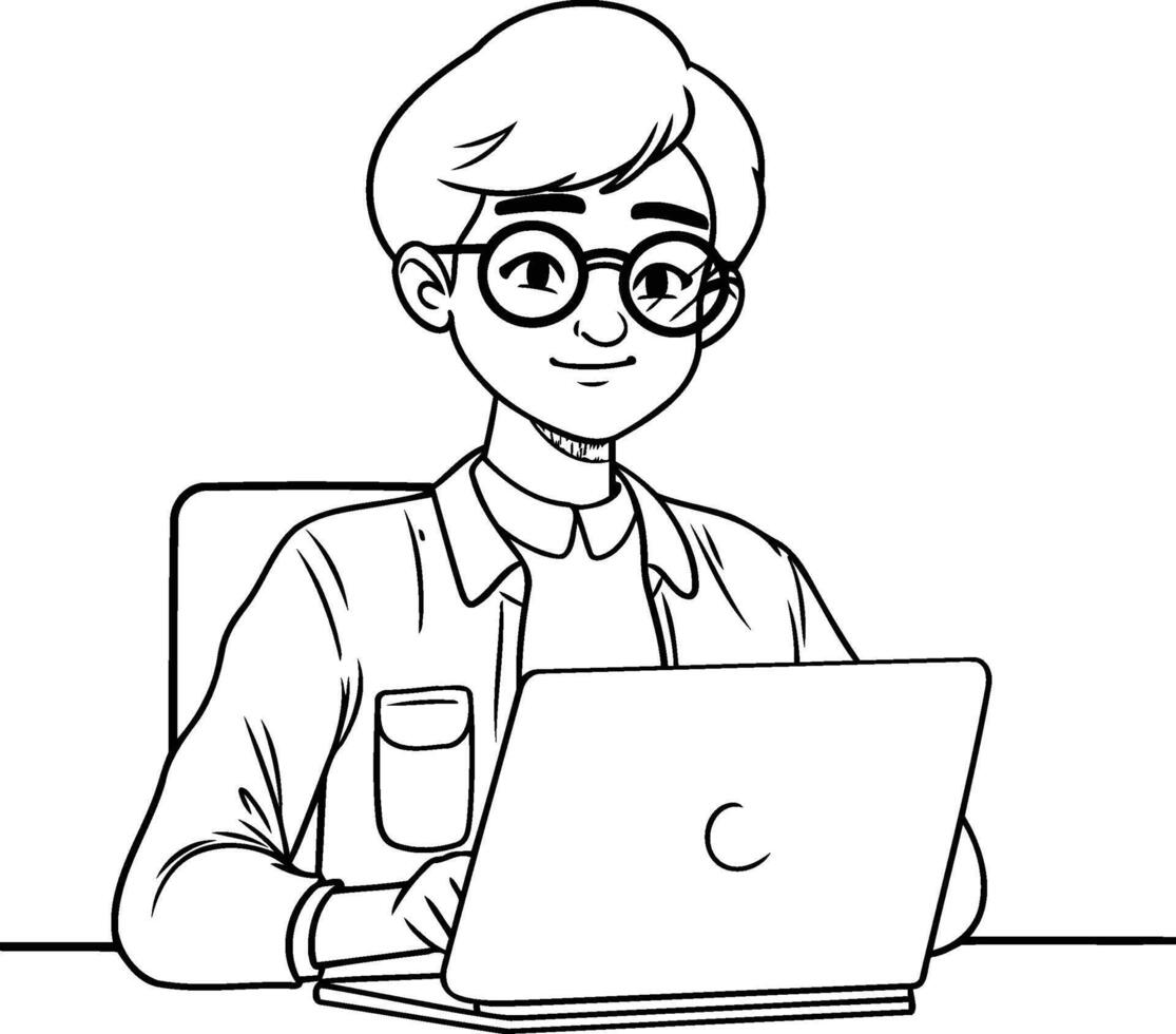 Young man working with laptop illustration in black and white vector