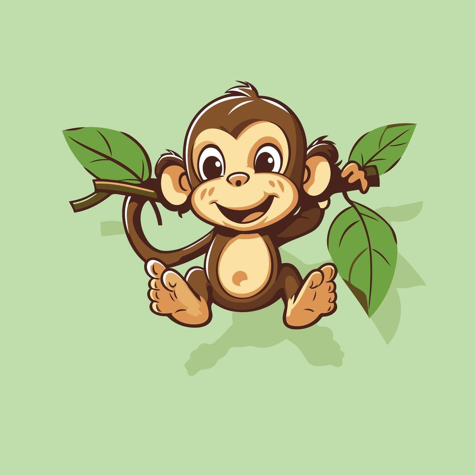 Cute cartoon monkey with green leaves illustration isolated on green background vector