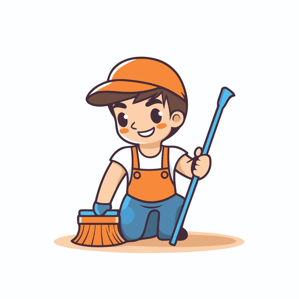 Cute little boy cleaning floor with broom illustration in cartoon style vector