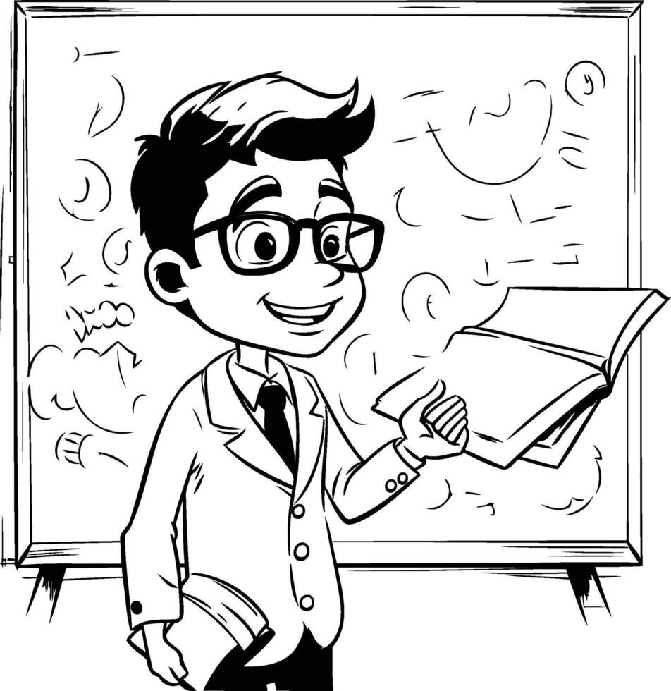 Black and White Cartoon Illustration of a Teacher or Student Reading a Book on Blackboard vector