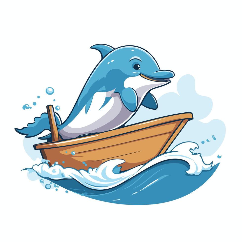 Cartoon dolphin in a boat on the waves illustration vector