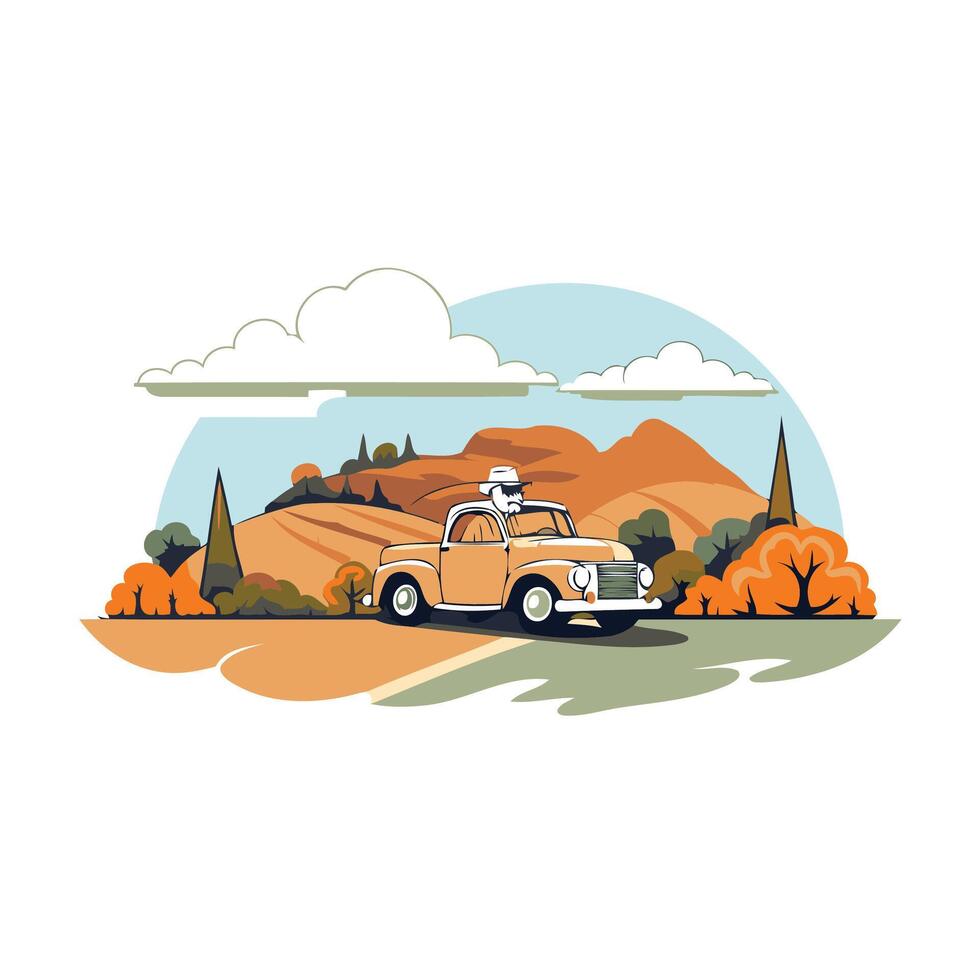 Retro car on the road in the mountains illustration vector