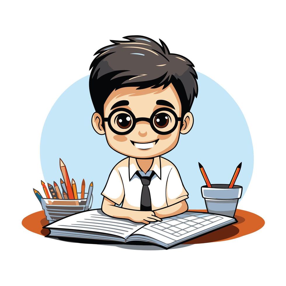 boy student with book and pencils over white background illustration vector