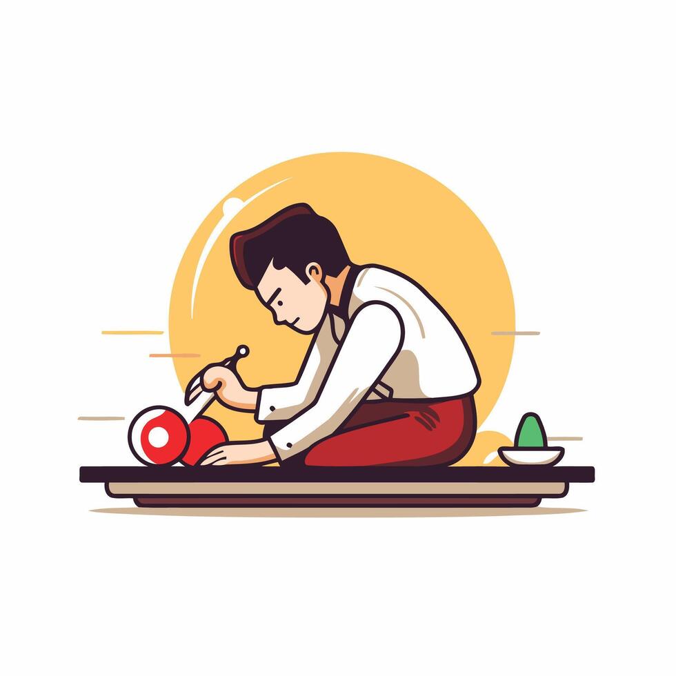 Japanese sushi chef cutting sushi roll illustration in cartoon style vector