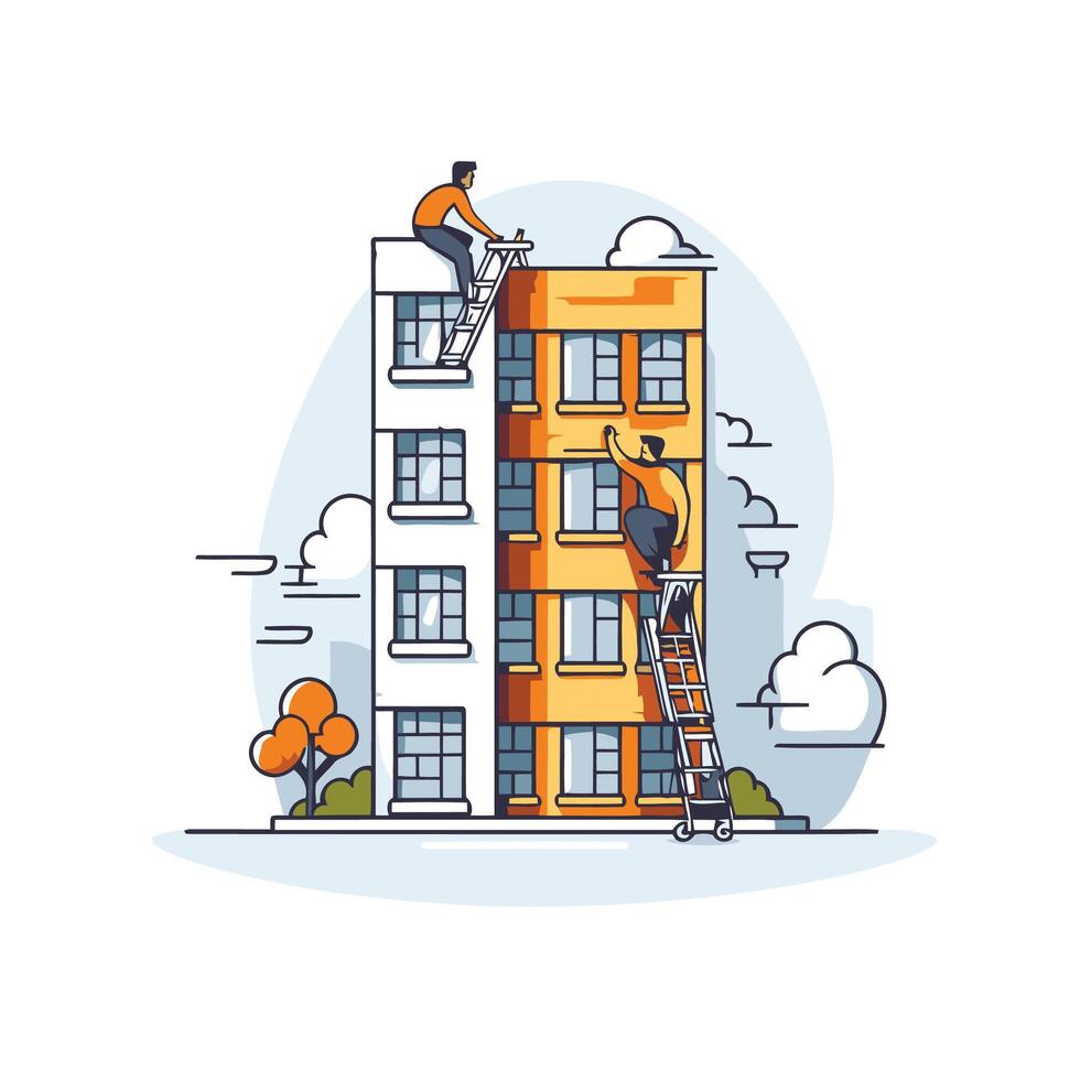 illustration of a man climbing the ladder to the building Flat style vector