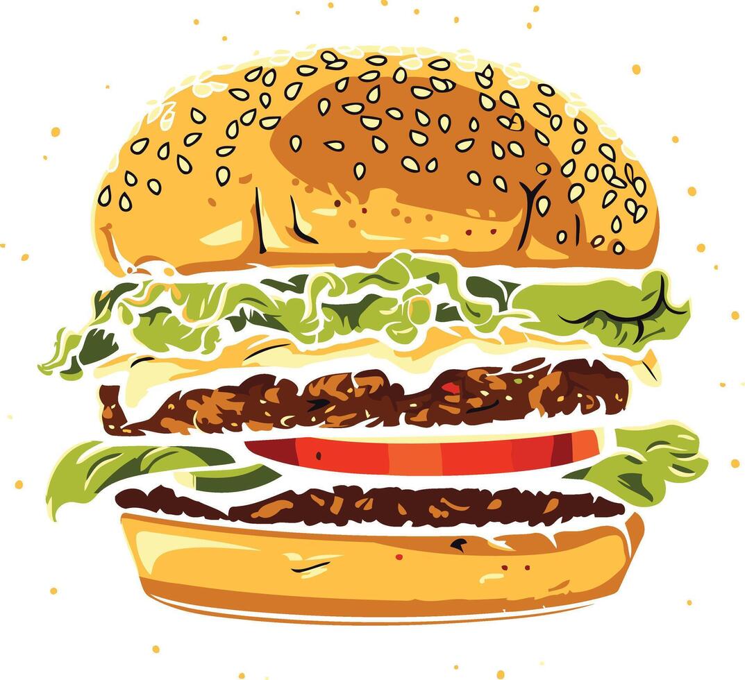 Deliciously Stacked Burger with Sesame Seed Bun vector