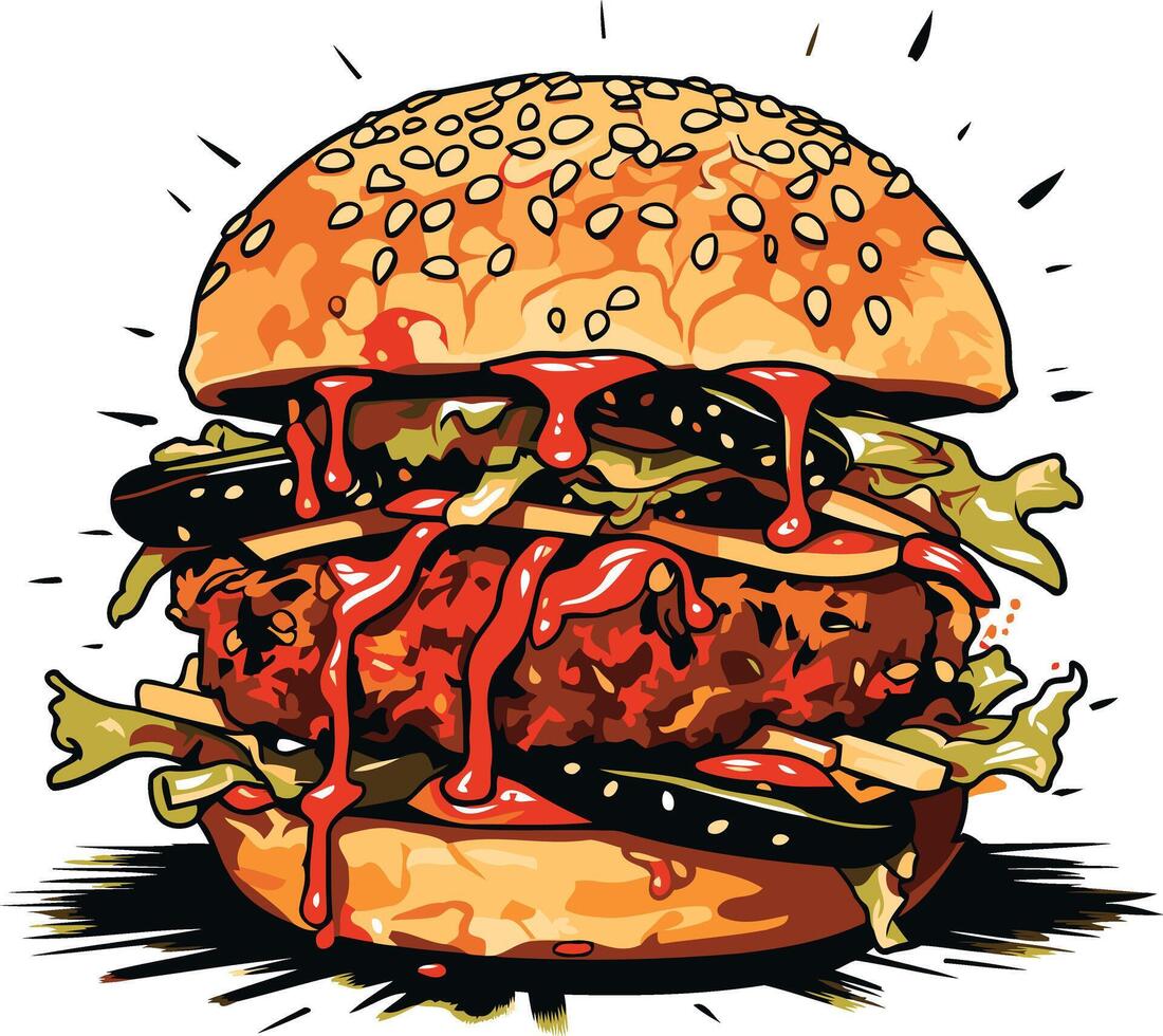Juicy Dripping Burger with Sesame Seed Bun vector
