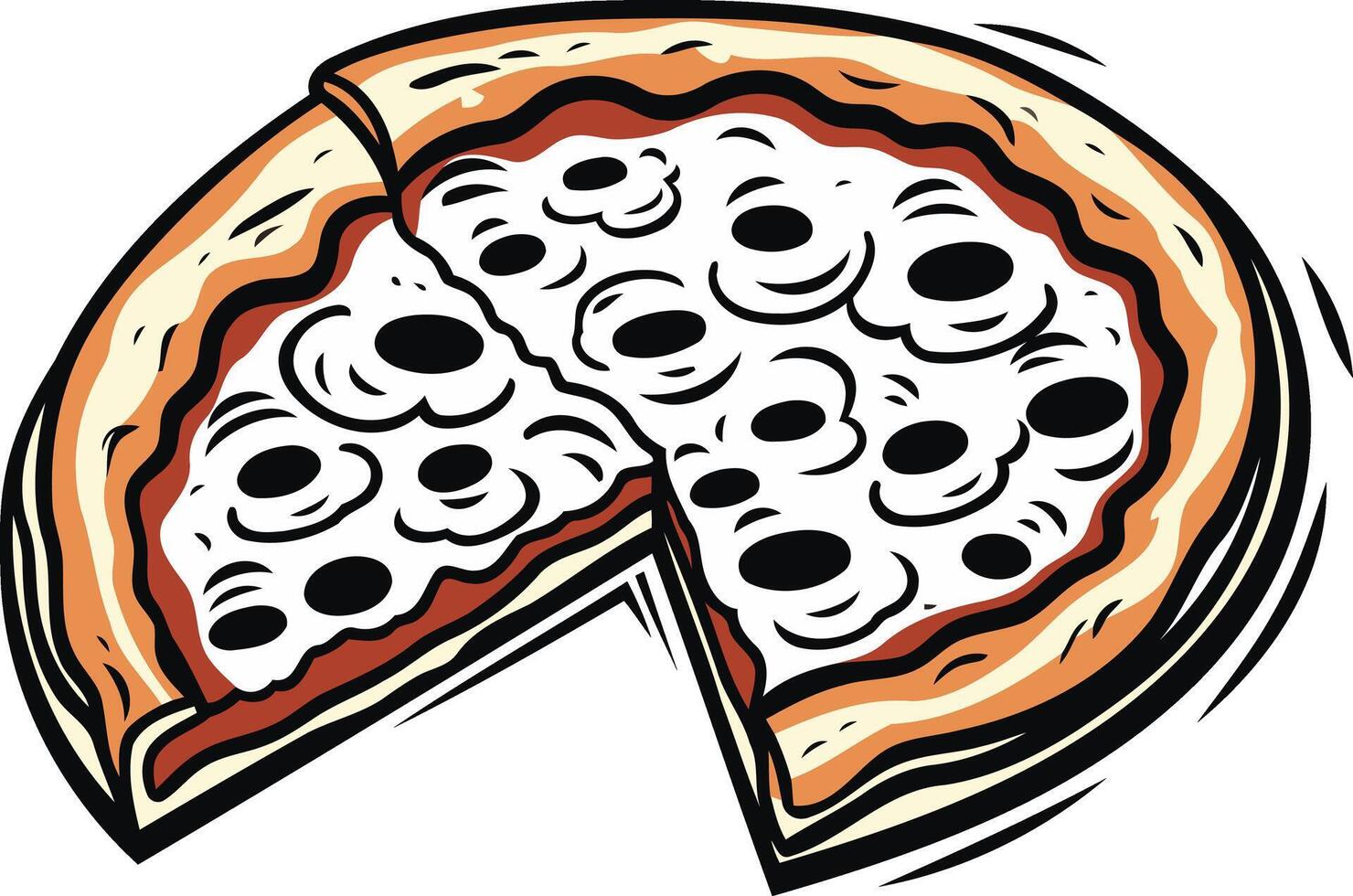 A delicious cartoon pizza with a cheesy slice removed, perfect for illustrating your next food menu or recipe vector