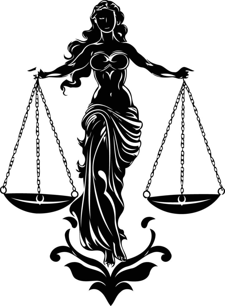 A dramatic black and white silhouette of lady justice holding scales, perfect for legal or justice themed designs vector