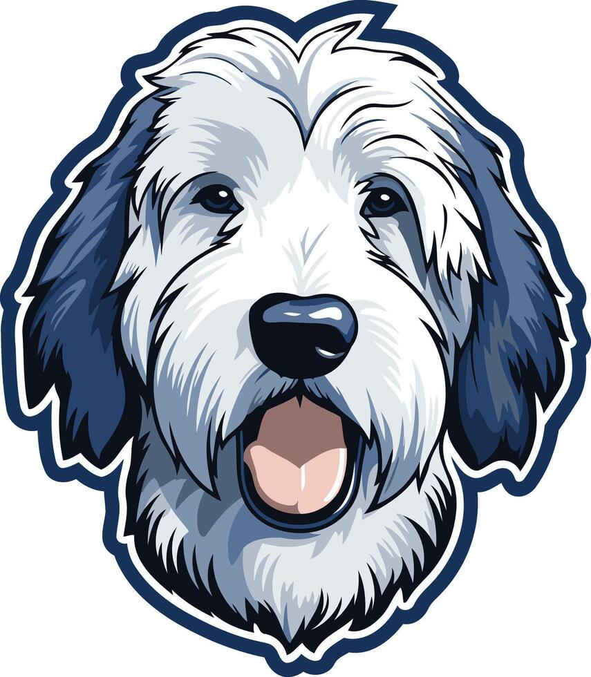 Cute cartoon old english sheepdog with blue ears, perfect for pet related designs, logos, and social media vector