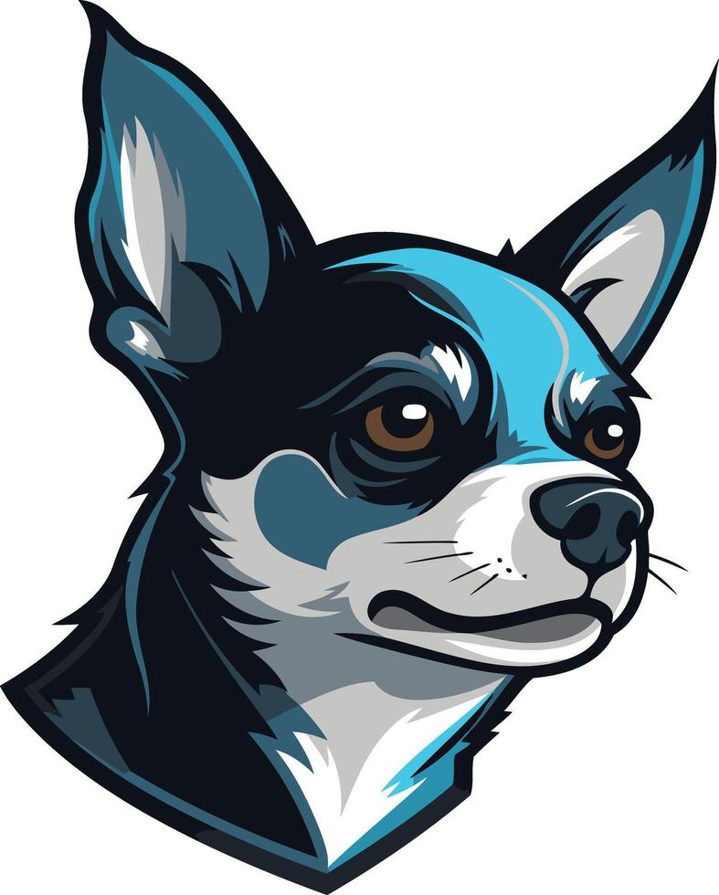 A cool, stylized illustration of a chihuahua with blue and black fur, perfect for apparel, pet products, or any design project needing a playful and modern touch vector