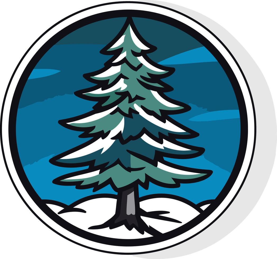 A whimsical cartoon pine tree stands proudly in a snow covered landscape, perfect for winter themed designs, logos, or greeting cards vector