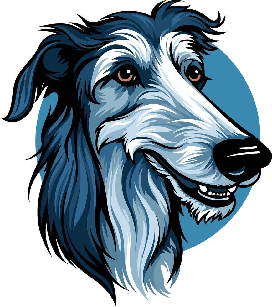 A friendly, cartoon style illustration of a borzoi dog's head, with blue and white fur, set against a blue circle vector