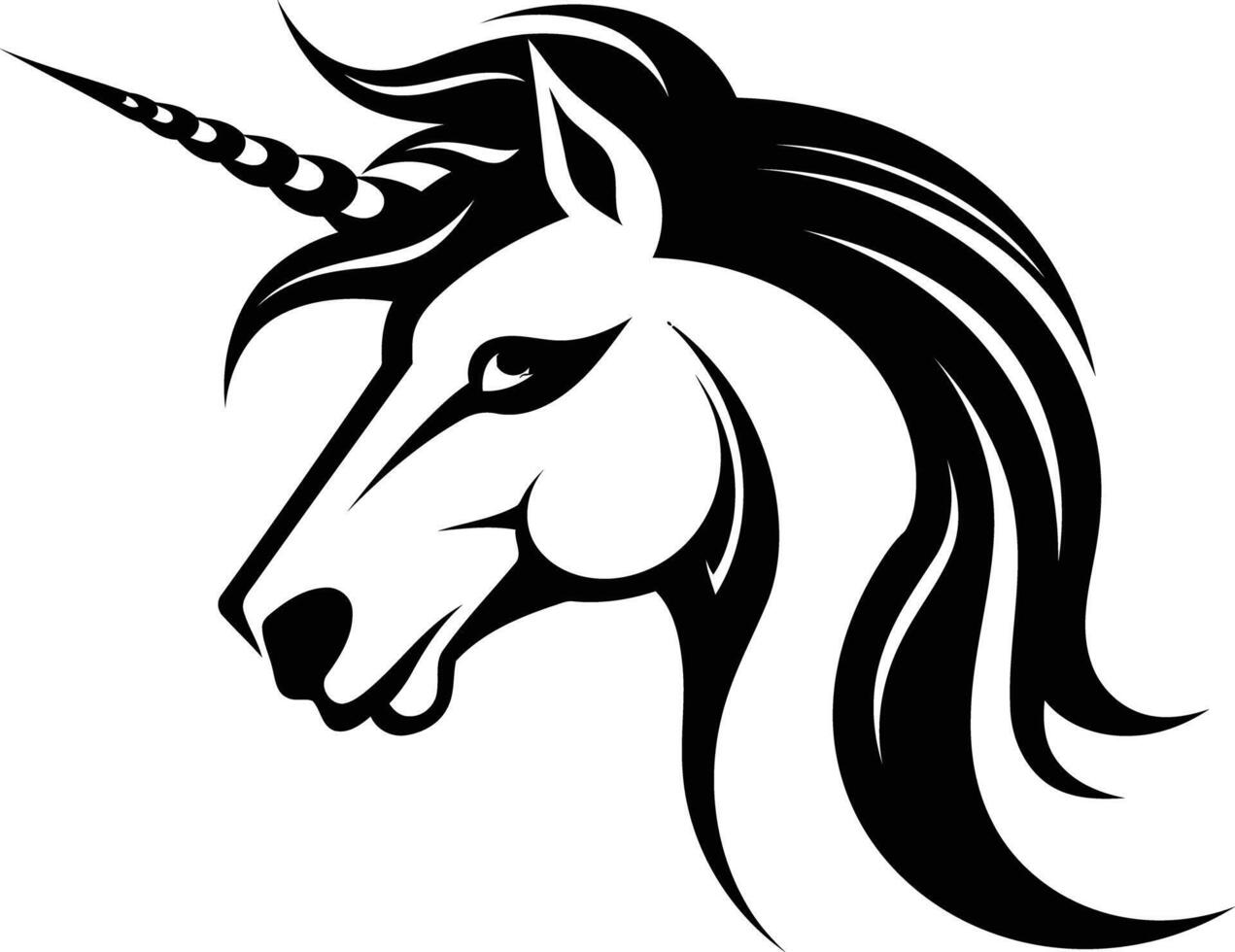 Black and white illustration of a unicorn head, perfect for logos, branding, or design projects vector