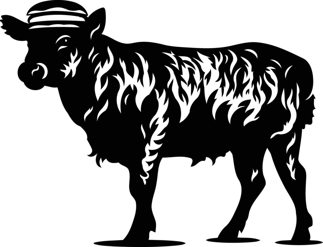 Black and white silhouette of a bull with a striped hat, a striking image for branding or design projects vector