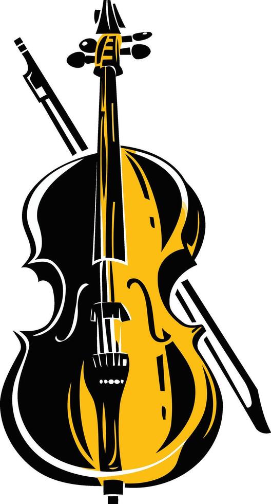 A bold and graphic illustration of a cello in black and yellow, perfect for music related designs and branding vector