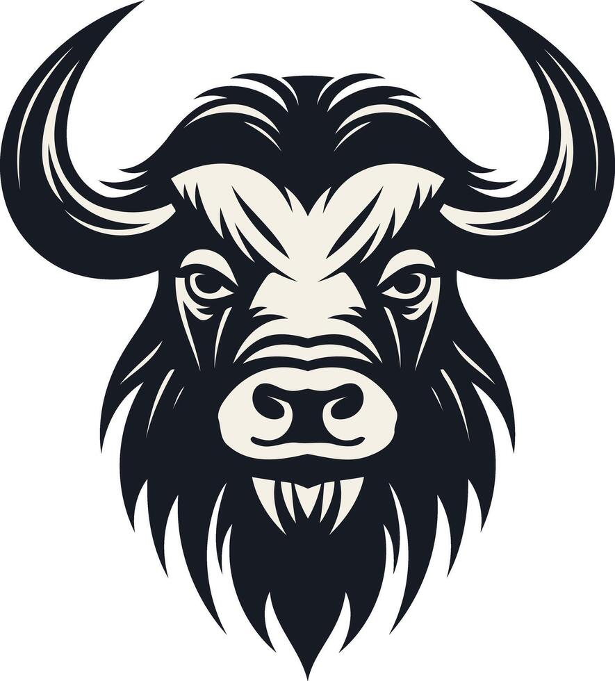 A powerful and intimidating black and white illustration of a buffalo head with large horns, perfect for branding or design projects vector