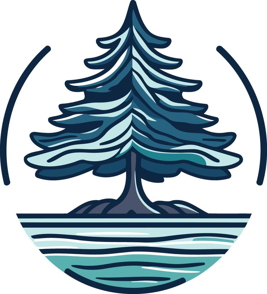 A stylized illustration of a pine tree standing tall on a small island, surrounded by water vector