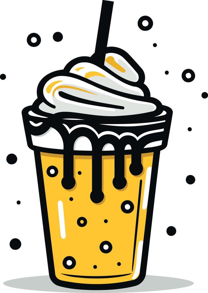 Cute cartoon illustration of a yellow milkshake with whipped cream and a black straw vector