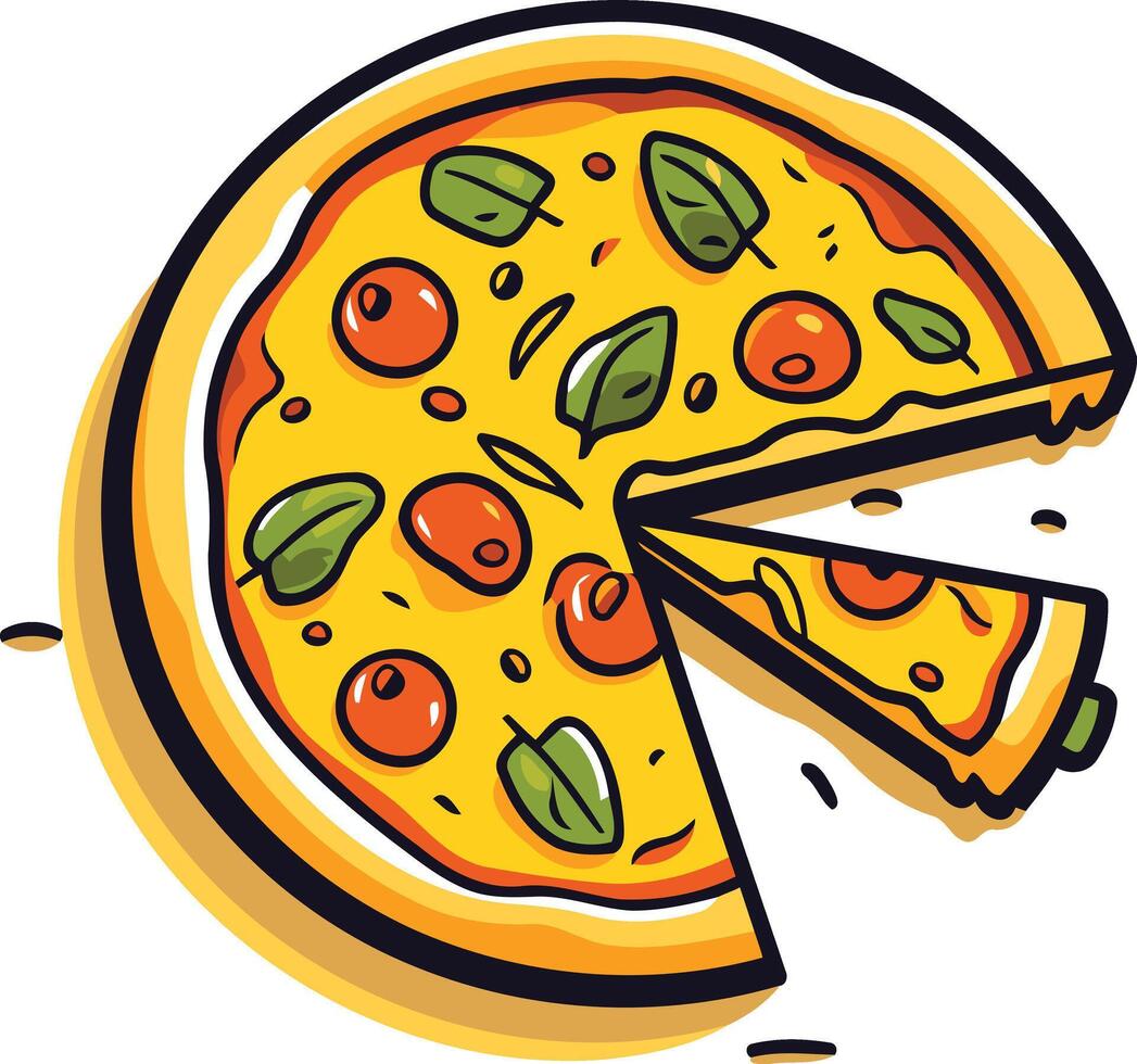 A cartoon style illustration of a pizza with one slice removed, perfect for menu designs, food blogs, and social media posts vector