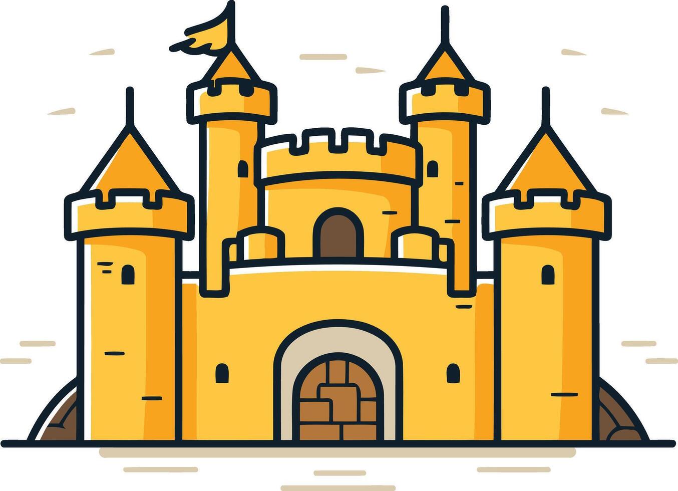 Cute, cartoon style illustration of a yellow castle with a gate, perfect for children's books, games, and branding vector