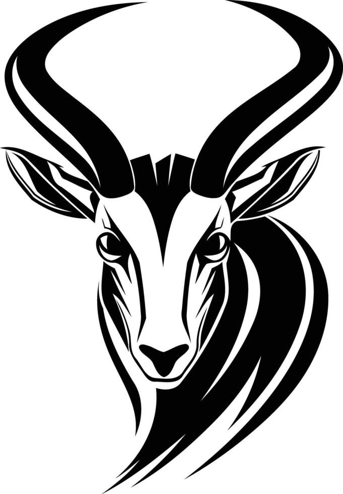 Black and white illustration of a stylized antelope head, perfect for logo design, branding, or wildlife themed projects vector