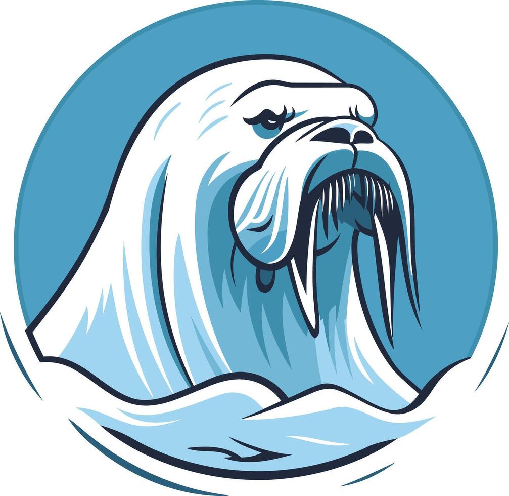 A bold, cartoon style illustration of a walrus head with prominent tusks vector