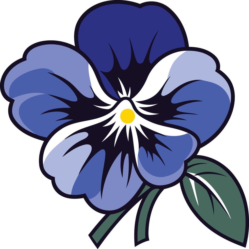 A vibrant, cartoon style illustration of a single blue pansy flower with a white center and yellow eye vector