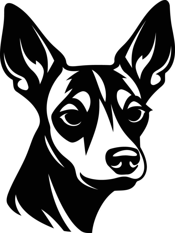 Black and white illustration of a rat terrier dog head with a serious expression, perfect for pet related designs, branding, and logos vector