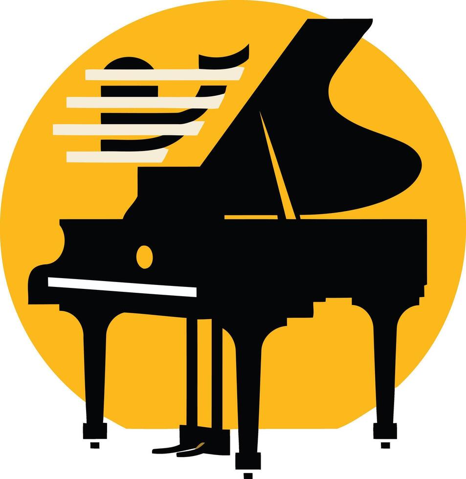 A stylized silhouette of a grand piano against a vibrant yellow circle, perfect for music related branding, logo design, or website assets vector