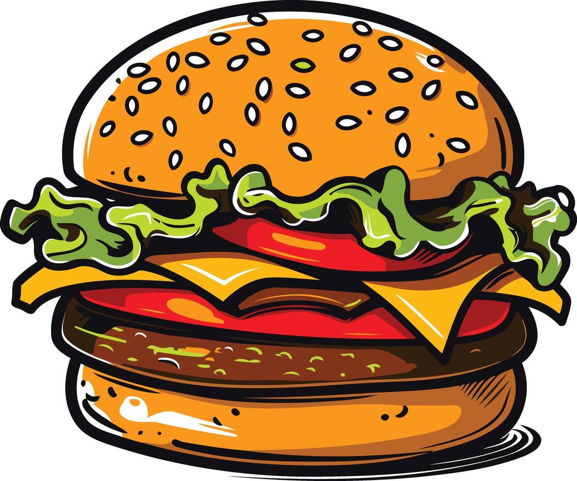A cartoon style illustration of a juicy burger with sesame seed bun, lettuce, tomato, cheese and patty vector