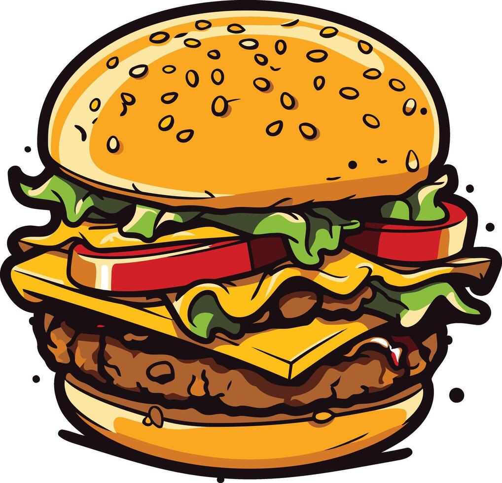 A cartoon style illustration of a juicy burger with all the fixings, perfect for menus, packaging, and social media vector