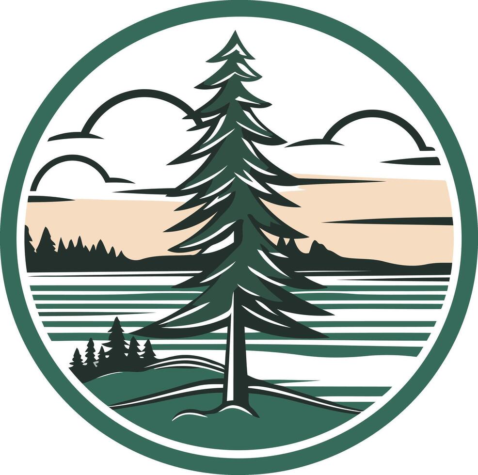 Pine Tree by the Lake in a Circle vector