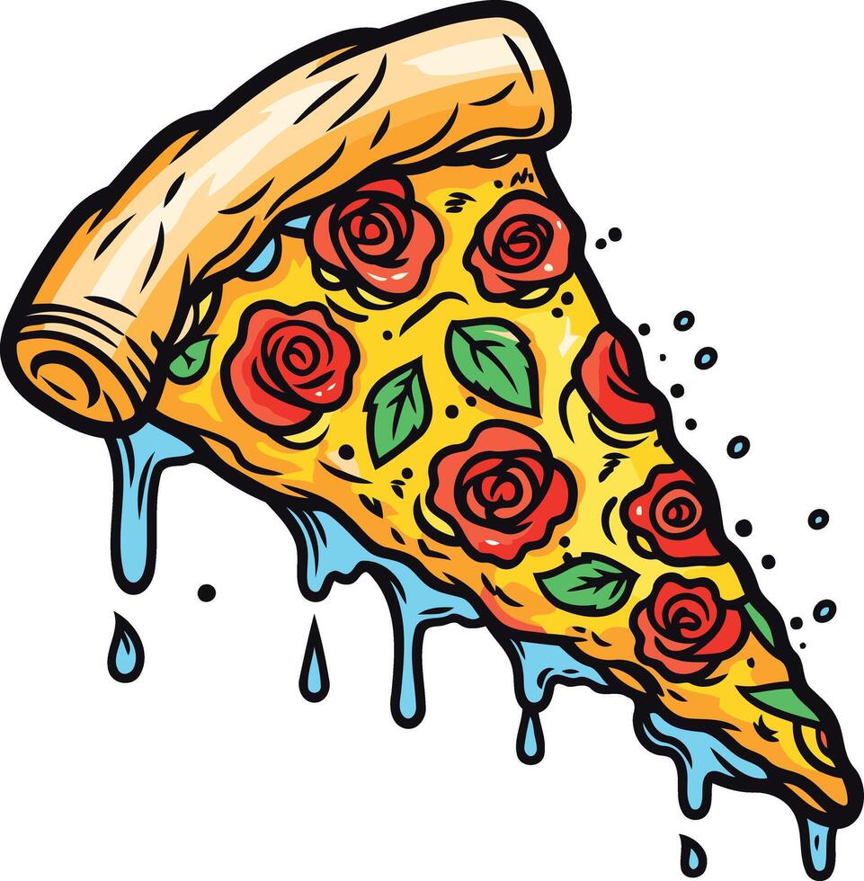 Pizza Slice with Roses and Dripping Cheese vector