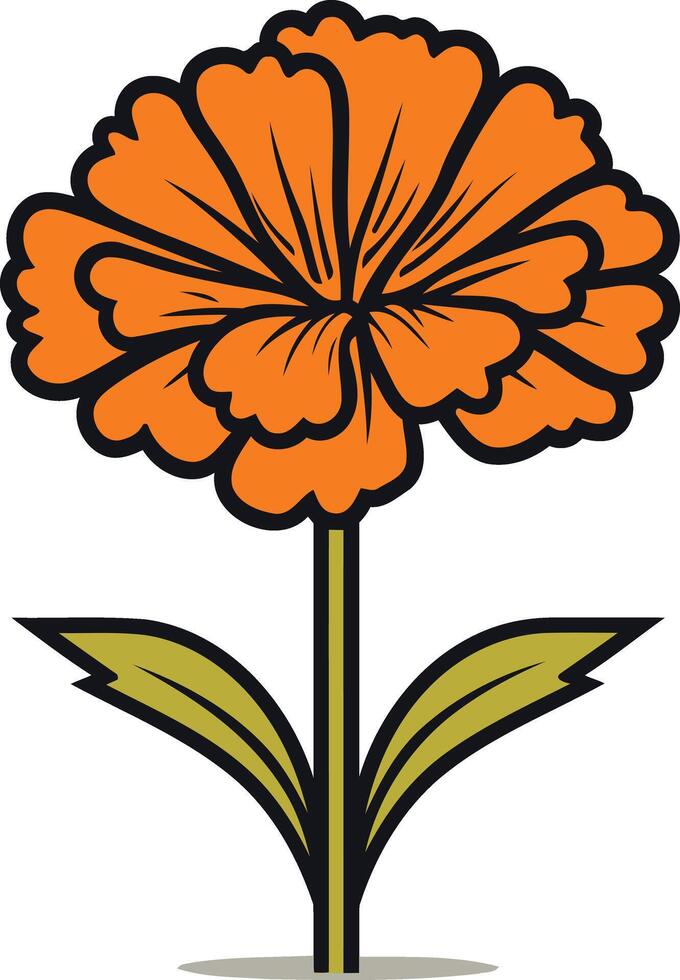 A cheerful, cartoon style illustration of a single orange marigold flower with green leaves and a stem vector
