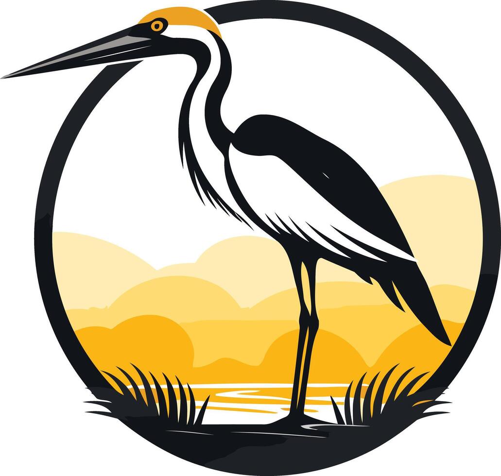 A stylized heron standing in a wetland landscape, perfect for nature themed logos, conservation organizations, or wildlife illustrations vector