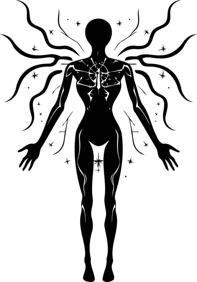 A striking silhouette of a woman with an ethereal aura, radiating power and energy vector