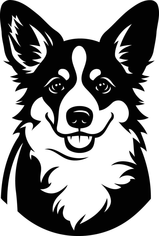 A friendly and playful black and white illustration of a smiling welsh corgi, perfect for pet related projects, dog breed designs, and pet lover gifts vector