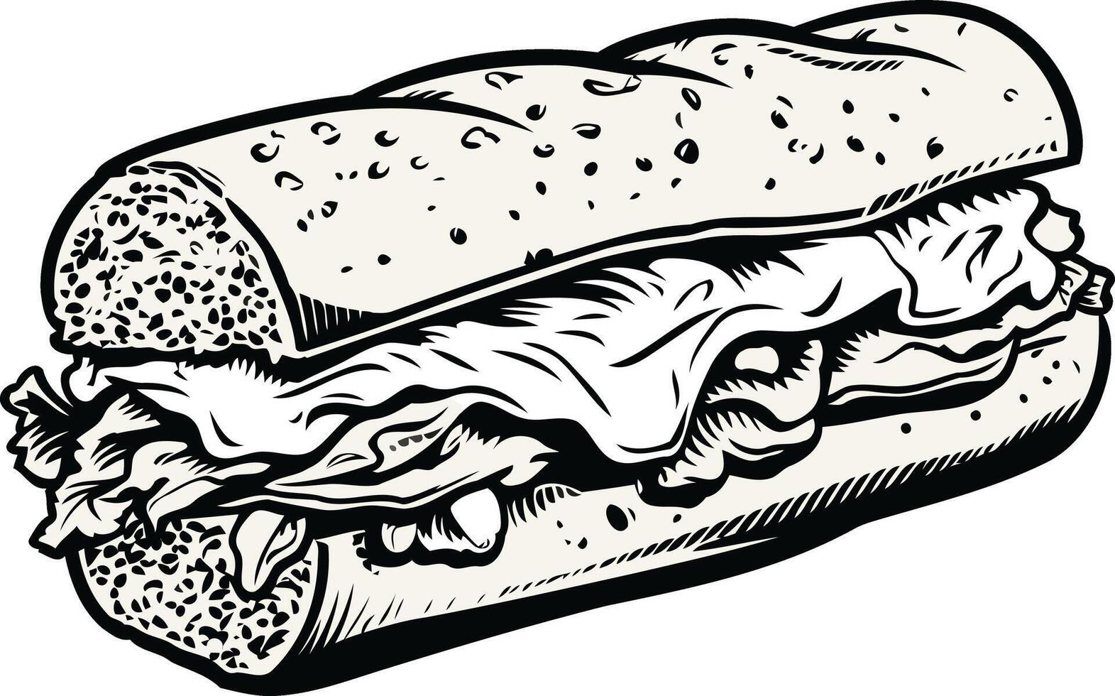 A hand drawn illustration of a classic sub sandwich, perfect for menu design, food branding, or culinary articles vector