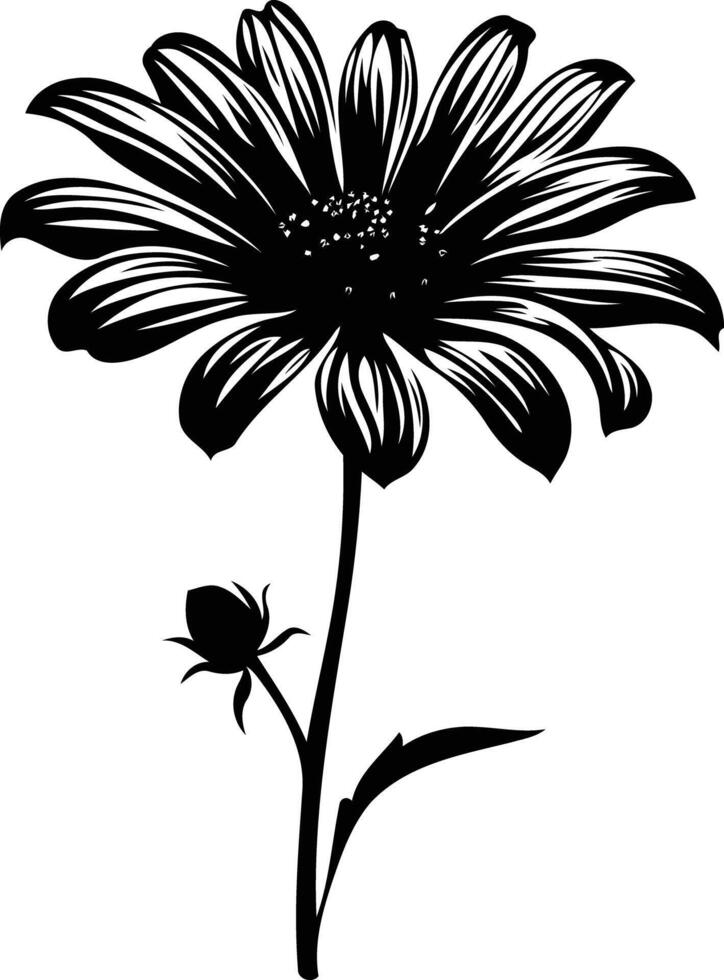 Elegant black and white silhouette of a single daisy with a bud, perfect for floral designs, invitations, and stationery vector