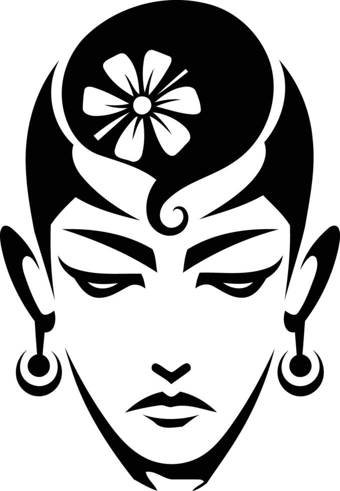 A black and white illustration of a person's face with a flower in their hair vector