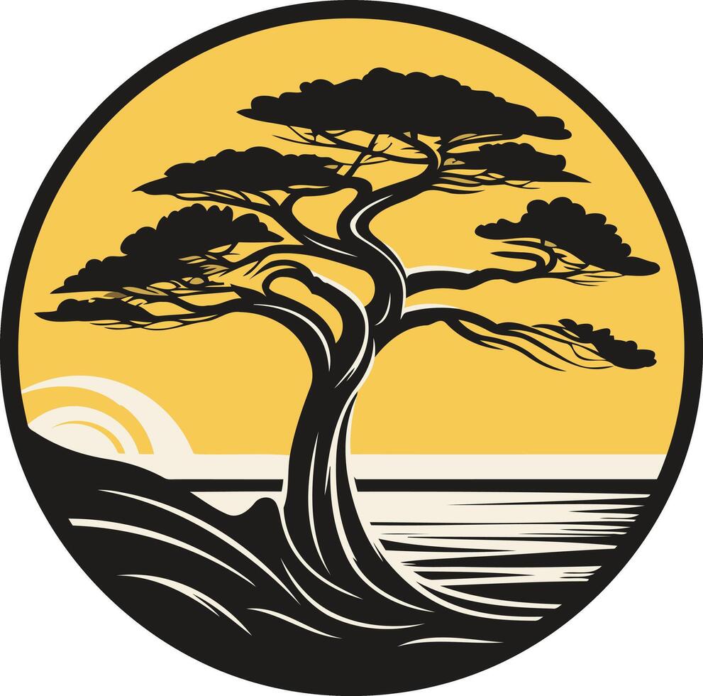 A stylized silhouette of a lone tree on a cliff overlooking the ocean, perfect for branding or design projects vector