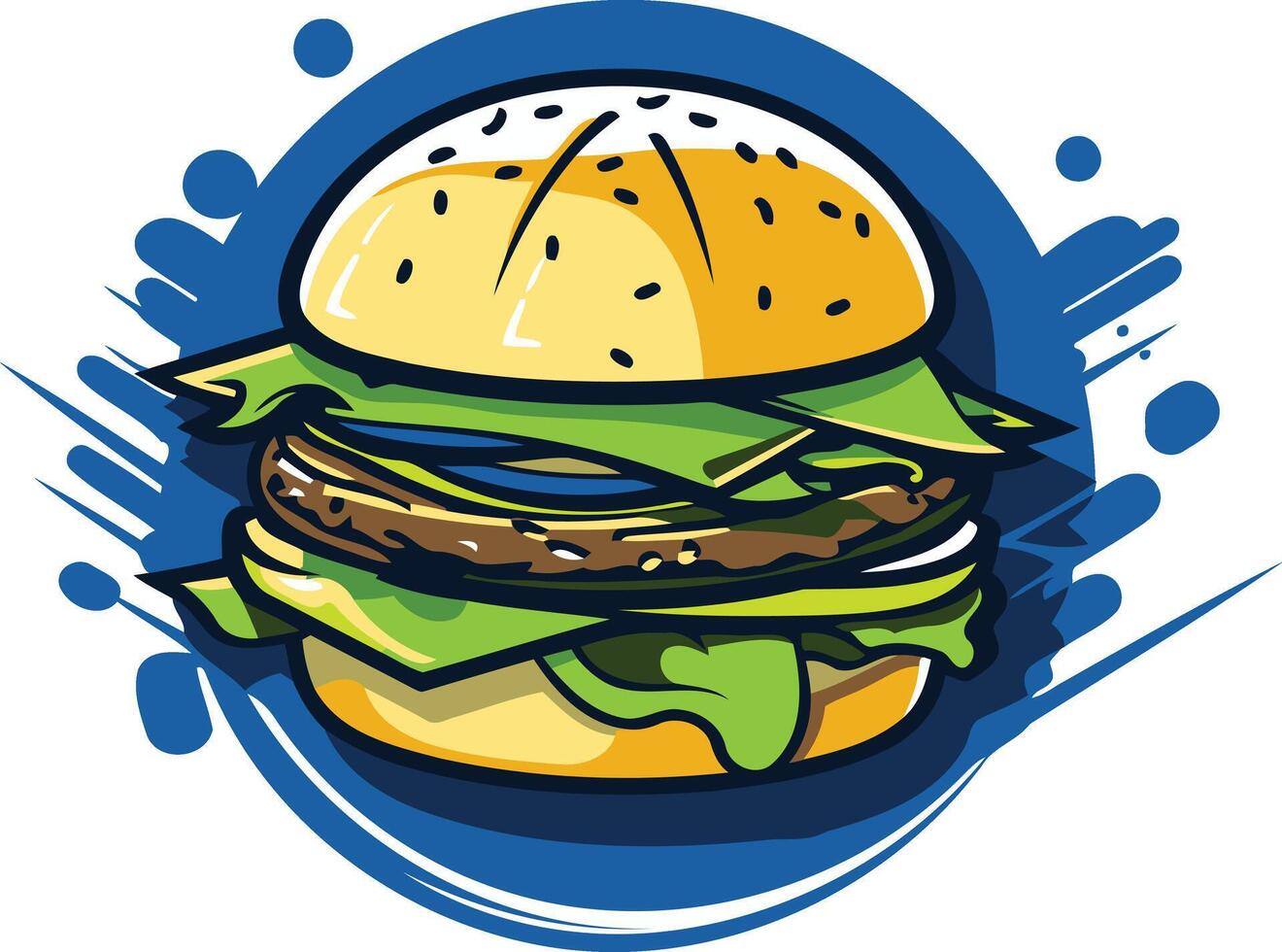 A delicious, cartoon-style burger with lettuce, tomato, and cheese, on a blue background with splatters vector